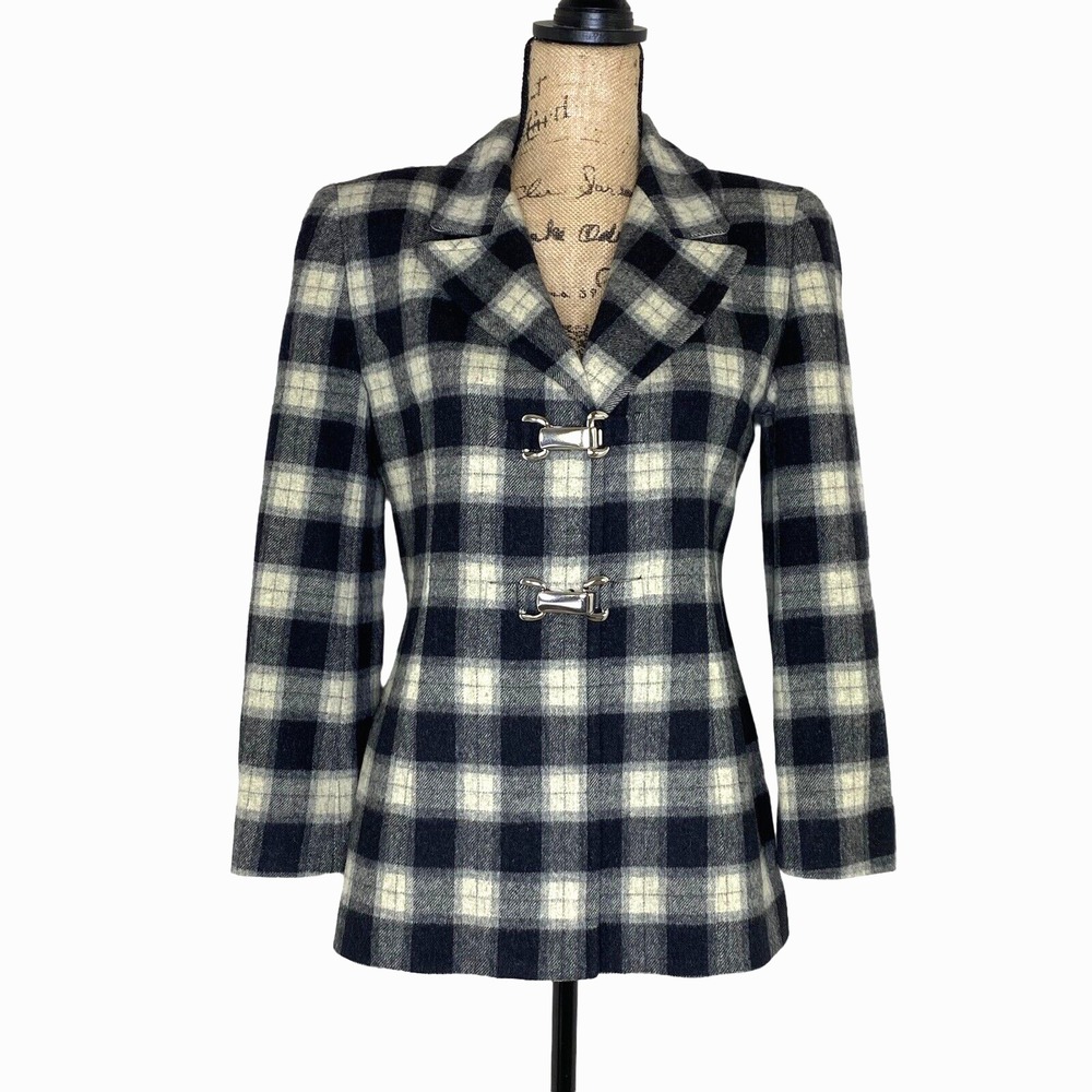 Vtg Carlisle Wool Plaid Blazer Yellow 90s Preppy Clueless Cher Style Toggle Sz 4